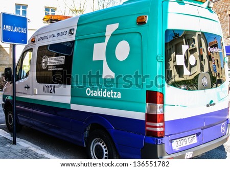 VITORIA-GASTEIZ, SPAIN - APRIL 26: An ambulance of the public health service in the Basque Country. This health service was created in 1984. April 26, 2013 in Vitoria-Gasteiz, Basque Country, Spain
