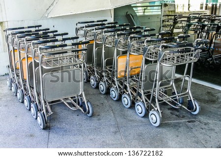 BILBAO, SPAIN - APRIL 13: Several carts for transporting luggage in the airport. The cost of using them in Spanish airports is 1 euro. April 13, 2013 in BIlbao, Basque Country, Spain