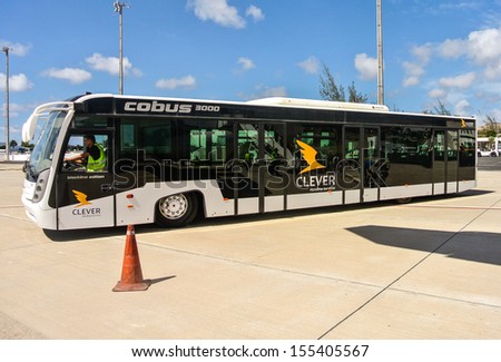 LANZAROTE, SPAIN - SEPTEMBER 15: A bus in Lanzarote airport. This airport was inaugurated in 1946. September 15, 2013 in Lanzarote, Canary Islands, Spain