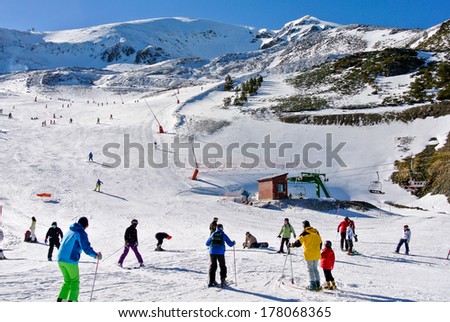VALDEZCARAY, SPAIN - FEBRUARY 16: Valdezcaray is a ski area situated near the resort town of Ezcaray and It has 22 km of marked pistes, February 16, 2014 in Valdezcaray, La Rioja, Spain