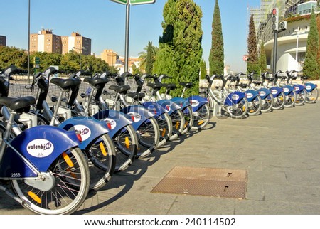 VALENCIA, SPAIN - DECEMBER 14: Valenbisi is the public mean of transport in the city of Valencia. There are 2750 bicycles in the Valenbisi system. December 14, 2014 in Valencia, Spain
