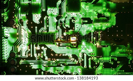 Back lit printed circuit board showing computer chips
