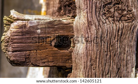 Old woodworking joint where two pieces of timber are joined together