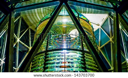 Lighthouse Fresnel lens at night with light inside showing prism effects and chromatic aberration