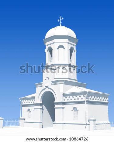 white church tower on blue sky background