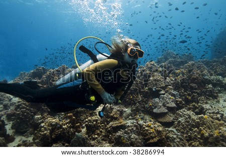 Female scuba diver over a beautiful coral reef in the Gulf of Thailand