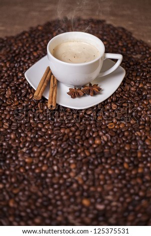 Coffee cup with cinnamon and anise with coffee beans, focus on cup