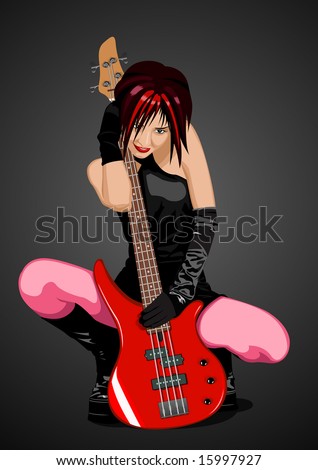 Cartoon Girl Guitar. girl with red bass guitar