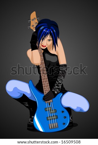 Cartoon Girl Guitar. girl with blue bass guitar