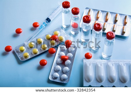 Lot of pharmaceutical products, syringe and pills