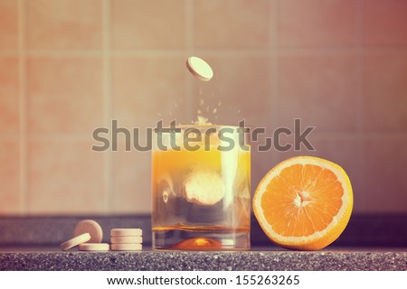 Artistic Shot Of Vitamin C Family, Orange, Tablet Stack, Dissolving Tablet