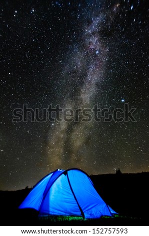 Tent against the Milky Way and starry sky. The popularity of natural outdoor recreation and travel concept