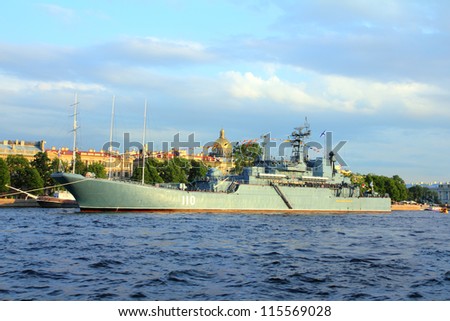 SAINT-PETERSBURG, RUSSIA - JULY 29: military ship on Neva River - day of the Navy on july 29, 2012 in in Saint-Petersburg, Russia