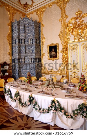 banquet table in dining-hall Pushkin palace Russia