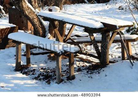benches and table under snow in winter garden