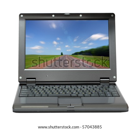 small laptop with infinity road on screen