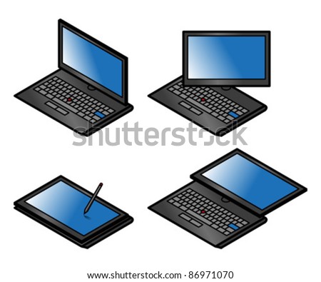 A convertible tablet PC laptop computer. Screen shown in 4 orientations: laptop mode,