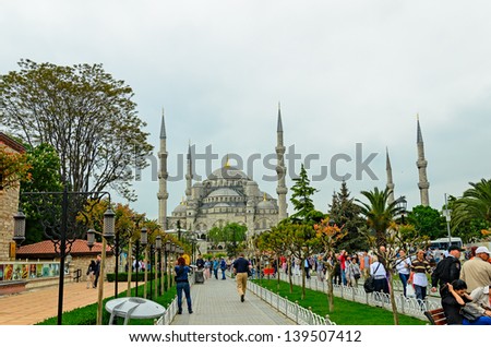 ISTANBUL, TURKEY - MAY 9: Blue mosque, founded in 1616, attracts lots of tourists on May 9, 2013 in Istanbul, Turkey.