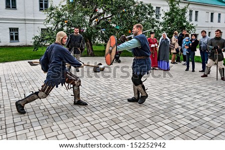 YAROSLAVL, RUSSIA - AUGUST 24: Joust is held on the territory of the monastery in the event of travel around the Golden Ring of Russia, Yaroslavl, August 24, 2013.
