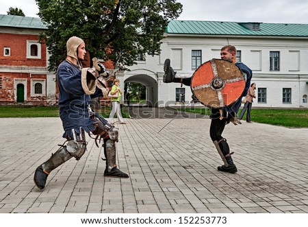 YAROSLAVL, RUSSIA - AUGUST 24: Joust is held on the territory of the monastery in the event of travel around the Golden Ring of Russia, Yaroslavl, August 24, 2013.