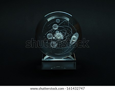 Laser engraving planets of the solar system inside the glass on a black background.