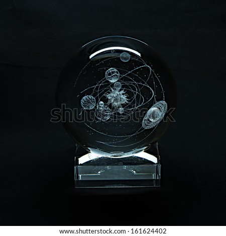 Laser engraving planets of the solar system inside the glass on a black background.