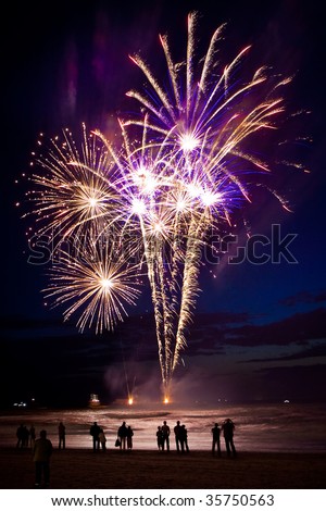 Spectators standing on the beach and looking at fireworks