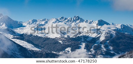 Distant view on the Courchevel. Ski resort in French Alps. Panorama