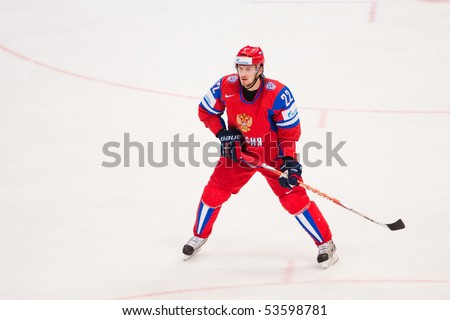 COLOGNE, GERMANY - MAY 20 : 2010 IIHF (Internation Ice Hockey Federation) World Championship. KORNEYEV Konstantin during quarterfinal game between Russia and Canada. Russian win 5:2. April 20, 2010 in Cologne, Germany
