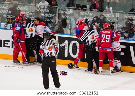 COLOGNE, GERMANY - MAY 20 : 2010 Ice Hockey World Championship. Fight during quarterfinal game between Russia and Canada. Russia win 5:2. April 20, 2010 in Cologne, Germany