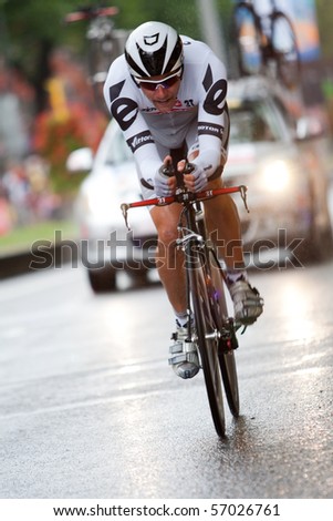 ROTTERDAM, THE NETHERLANDS - JULY 3 : Tour de France - annual bicycle race. Cyclist during the first day of competition - prologue race on the city streets on July 3, 2010 in Rotterdam