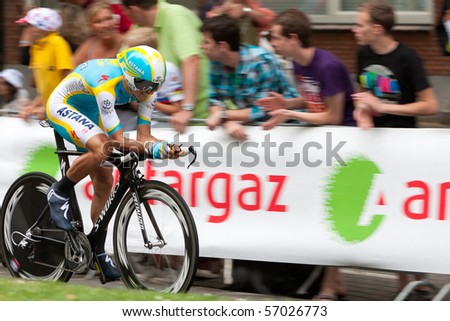 ROTTERDAM, THE NETHERLANDS - JULY 3 : Tour de France - annual bicycle race. Cyclist from Astana team during first day of competition - prologue race on the city streets on July 3, 2010 in Rotterdam