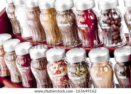 A close up on a spice rack full of a variety of different spices and herb  isolated on a white background.