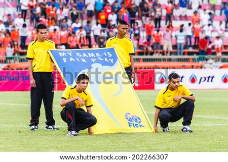 SISAKET THAILAND-JUNE 29: Unidentified people with FIFA Fair Play flag before Thai Premier League match between Sisaket FC and Bangkok Utd at Sri Nakhon Lamduan Stadium on June 29,2014,Thailand