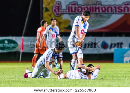 SISAKET THAILAND-OCTOBER 22: Players of Air Force Central FC. in action during Thai Premier League between Sisaket FC and Air Force Central FC at Sri Nakhon Lamduan Stadium on October 22,2014,Thailand