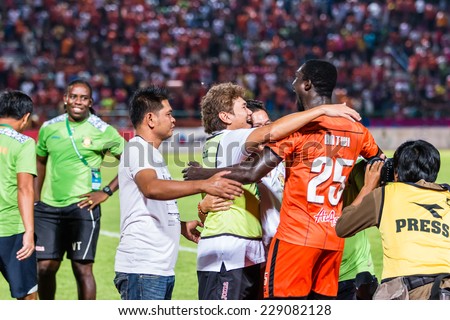 SISAKET THAILAND-OCTOBER 29: Players and staff coach of Sisaket FC. after the end of Thai Premier League between Sisaket FC and Army Utd at Sri Nakhon Lamduan Stadium on October 29,2014,Thailand