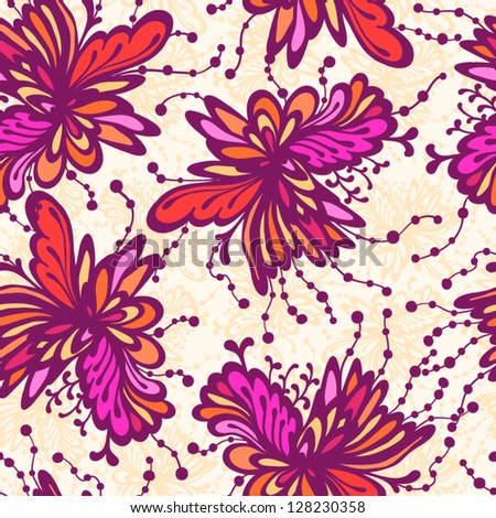 Seamless flower pattern on beige background. Colorful flowers: pink, red, orange.