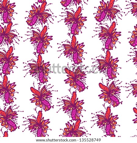 Seamless flower pattern on white background. Colorful flowers: pink, red, orange.
