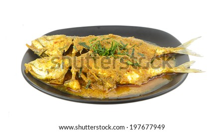 Mackerel fish fillet in dry red curry-Thai food on white