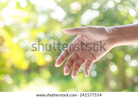 Helping hands  against bright nature background