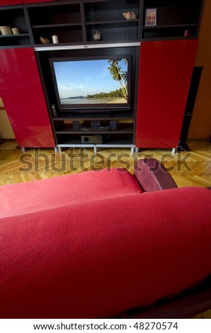 Sofa and TV in a modern interior. TV screen - photo of the author.