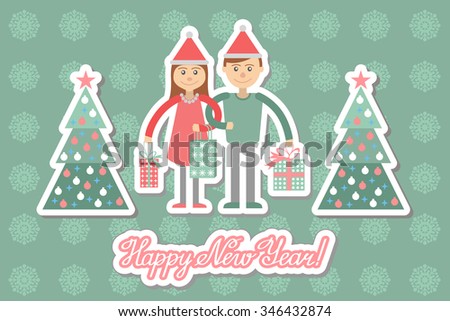 Family Couple With Christmas Shopping. Drawing Of A Man And Woman In