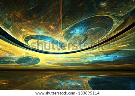 Surreal Blue And Yellow Fractal Landscape Composed Of Luminous Globes And Spiraling Shapes