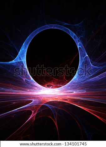 Fractal Horizons - Abstract curving arch composed of luminescent red and blue energies