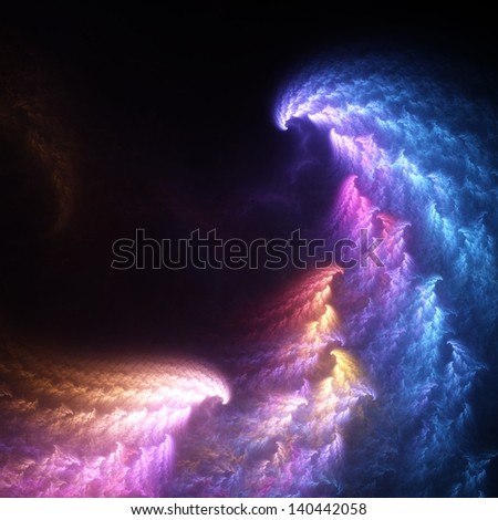 Abstract render - Fantastical luminescent forms resembling breaking waves against a black background