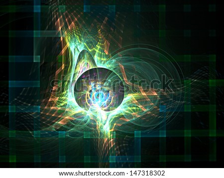 3D Digital science fiction design consisting of grid patterns and strands of light, suggesting topics such as information technology or virtual reality