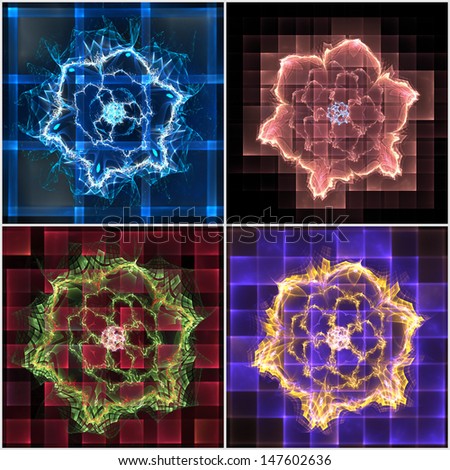 Four-in-one collage of computer-generated fractal designs suggesting digital or virtual flowers