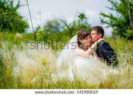 happy couple in the nature. the bride and groom. kiss. wedding walk