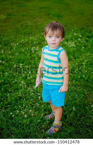 beautiful blue-eyed boy in the garden. looking at the camera. the age of 3 years