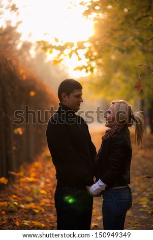 silhouette of a young couple in an autumn garden at sunset